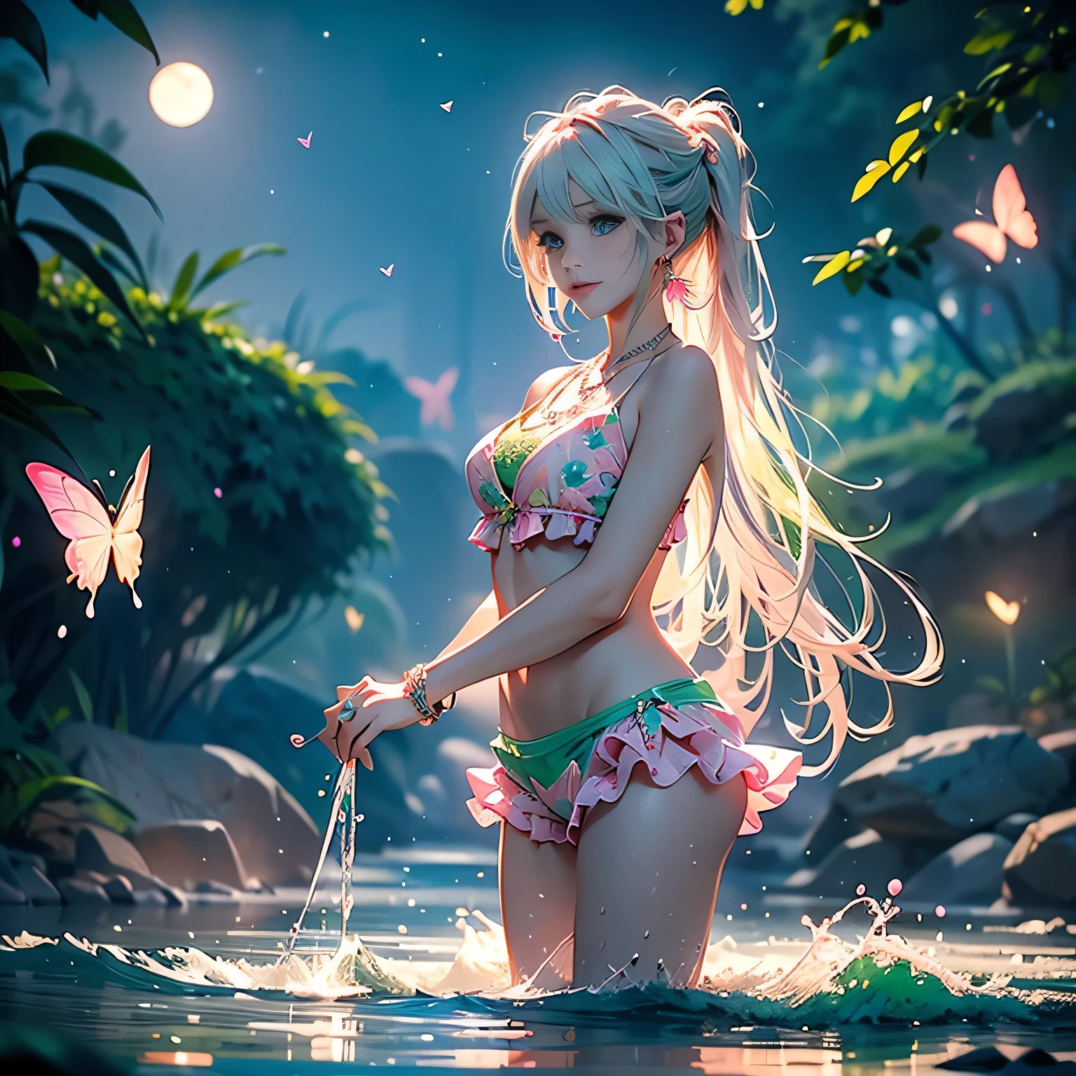 (beautiful pink and green butterflies all over the place),
((masterpiece:1.4, best quality)), ((masterpiece, best quality)),low angle,beautiful pony tail silver green hair,beautiful pink eyes, cute girl,wet full body, bathing in the water,water falls,water splash,lovely laugh,denim shorts,pink and green baseball cap, ((pink and green elegant summer bikini)), (Lace chalker, wristband, diamond necklace,earrings),cinematic lighting and pause,beautiful natural mysterious park,night sky,full moon,(beautiful pink and green butterflies all over the place),