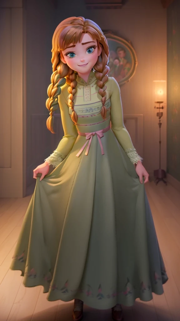 (masterpiece:1.4), (best qualit:1.4), (high resolution:1.4), anna of arendelle, green nightgown, twin braids, night, looking at viewer, smile,
