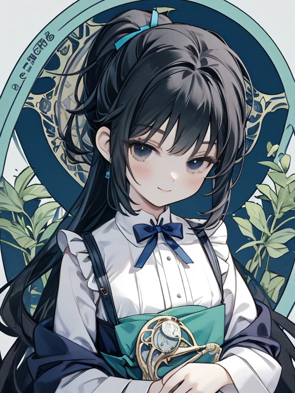 masterpiece, Highest quality, Very detailed, 16K, Ultra-high resolution, Cowboy Shot, Alice in Wonderland, (art nouveau:1.6), 10-year-old girl, Detailed face, smile, black eye, Black Hair, Long Hair, ponytail, Ribbon on head, Blue clothes, Plain white apron, 大きなclockのある部屋で, clock, 壁clock, Music Box