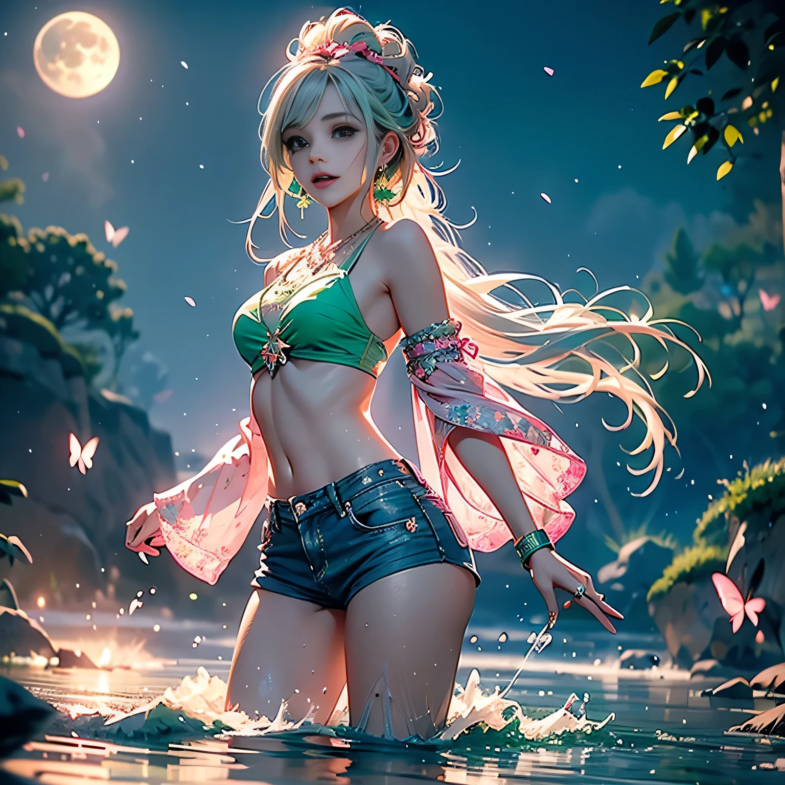 (beautiful pink and green butterflies all over the place),
((masterpiece:1.4, best quality)), ((masterpiece, best quality)),low angle,beautiful pony tail silver green hair,beautiful  pink eyes, cute   girl,wet full body, bathing in the water,water falls,water splash,lovely laugh,denim shorts,pink and green baseball cap, ((pink and green elegant summer bikini)), (Lace chalker, wristband, diamond necklace,earrings),cinematic lighting and pause,beautiful natural mysterious park,night sky,full moon,(beautiful pink and green butterflies all over the place),