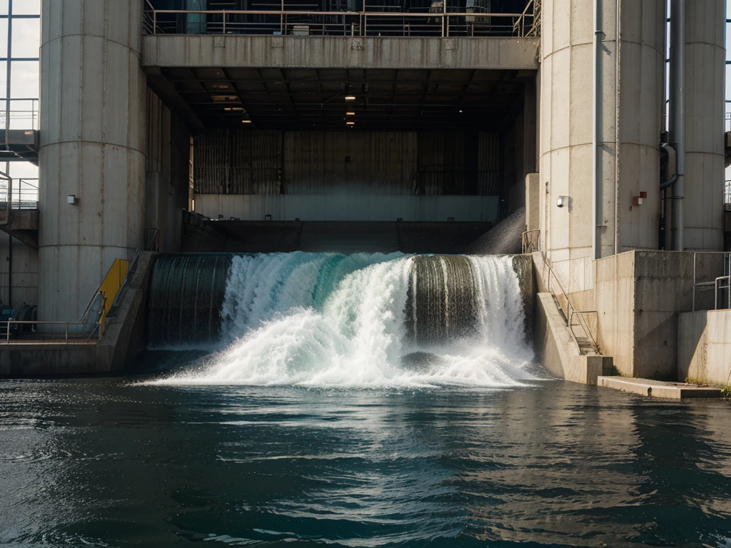 Black water is seen flowing through the industrial water treatment plant, highlighting the process of cleaning and ecological impact