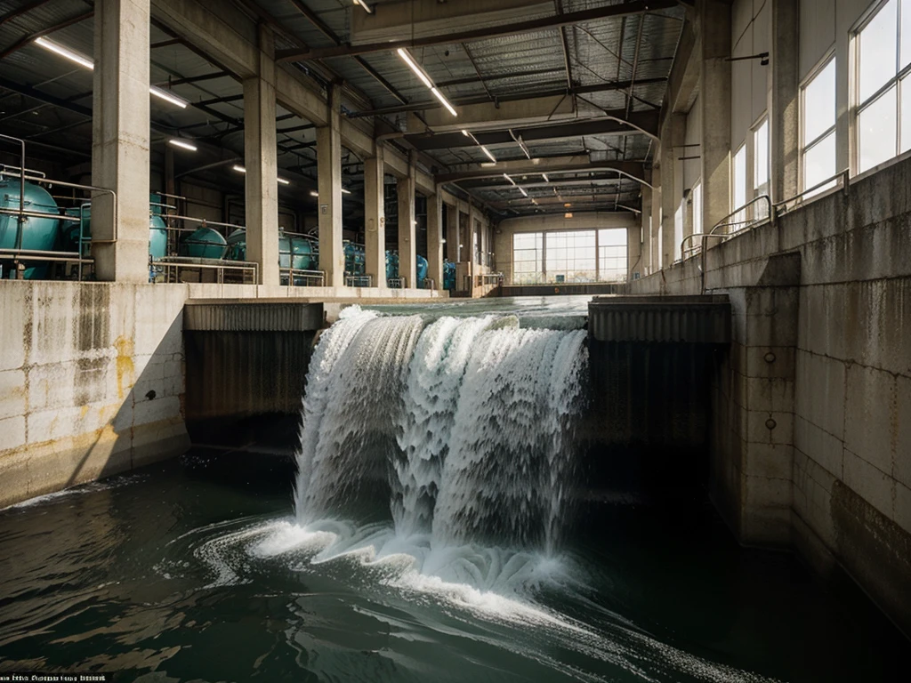 Black water is seen flowing through the industrial water treatment plant, highlighting the process of cleaning and ecological impact