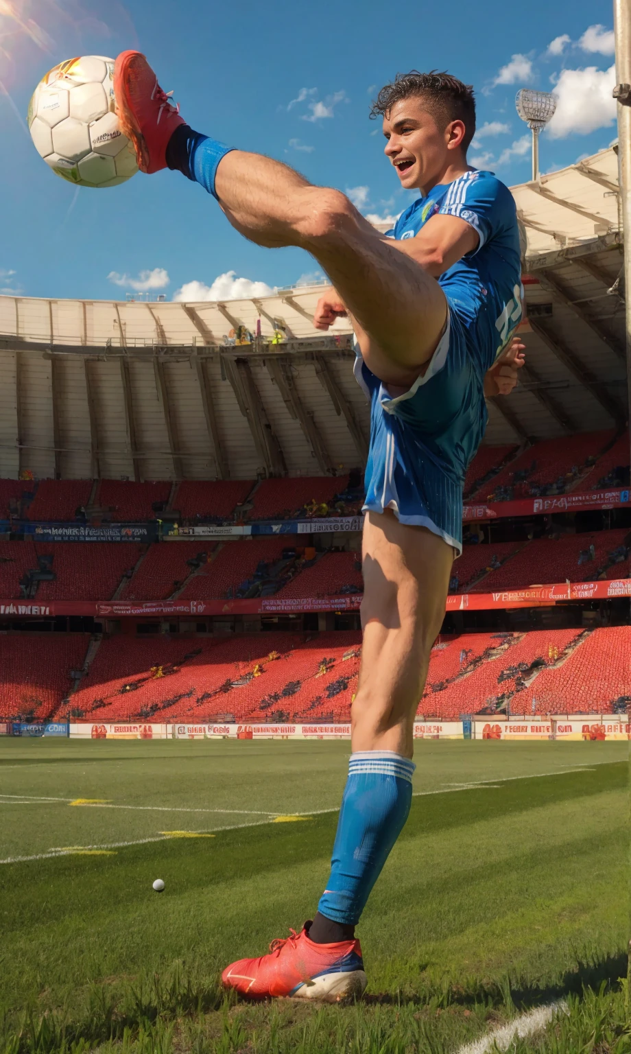 Play soccer, soccer goal, soccer uniform, soccer ground, (kicking ball:1.1), some players