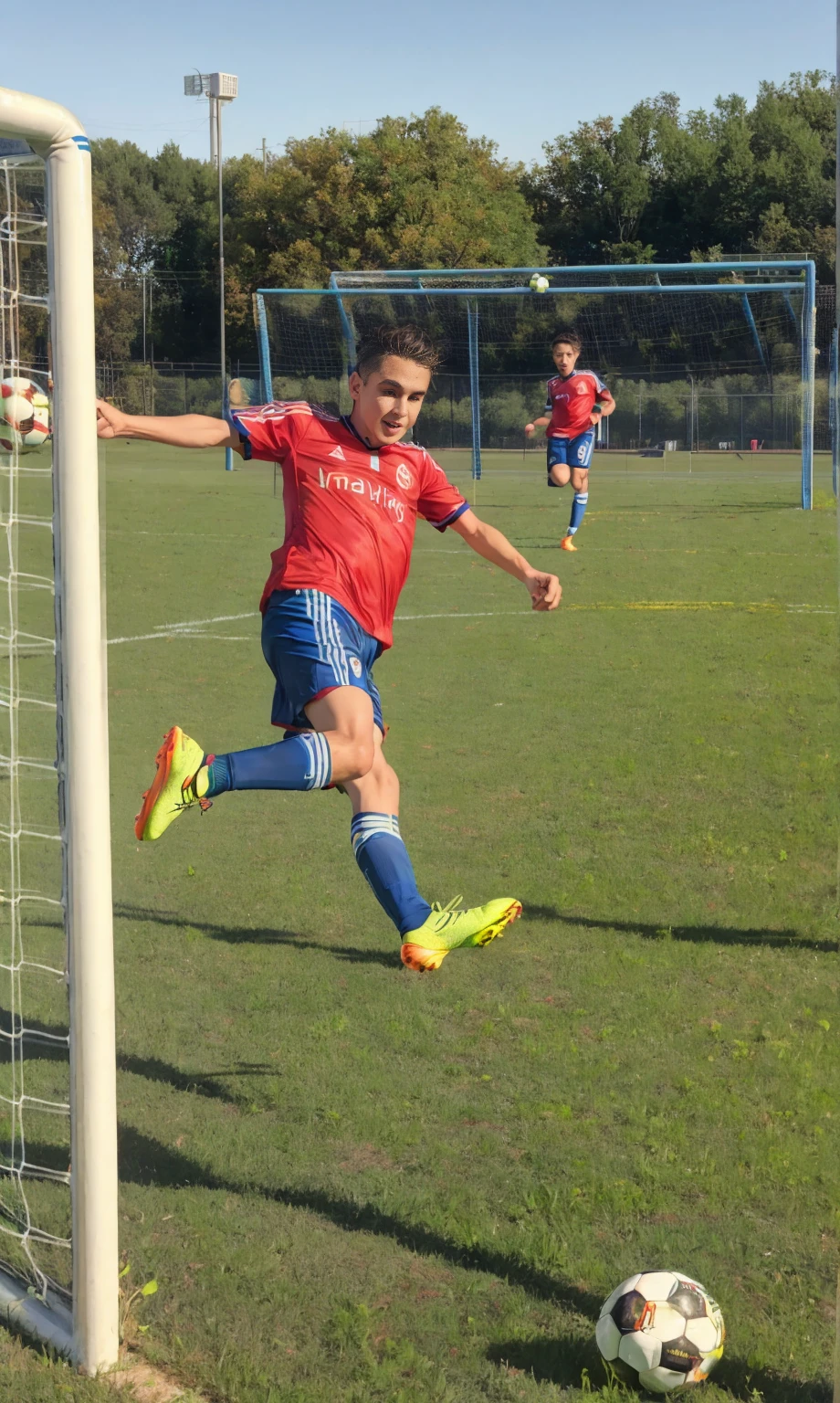 Play soccer, soccer goal, soccer uniform, soccer ground, (kicking ball:1.1), some players