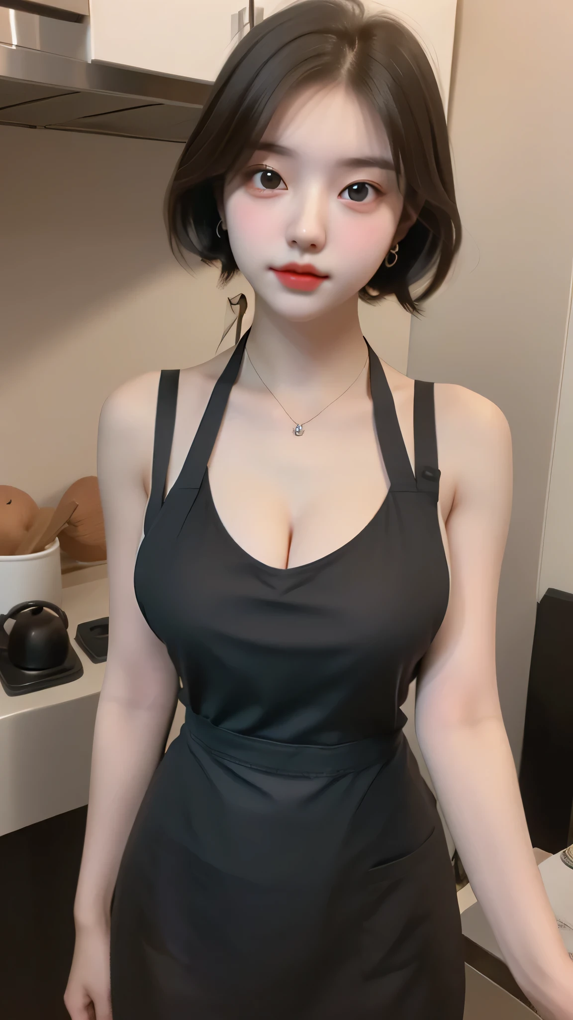 (Best quality, 8k, masterpiece: 1.3), a beautiful woman with perfect figure: 1.4, dark brown hair, wearing a pendant, wearing an apron, in the kitchen, highly detailed face and skin, detailed eyes, double eyelids, big breasts, vonzy, vony felicia, cleavage