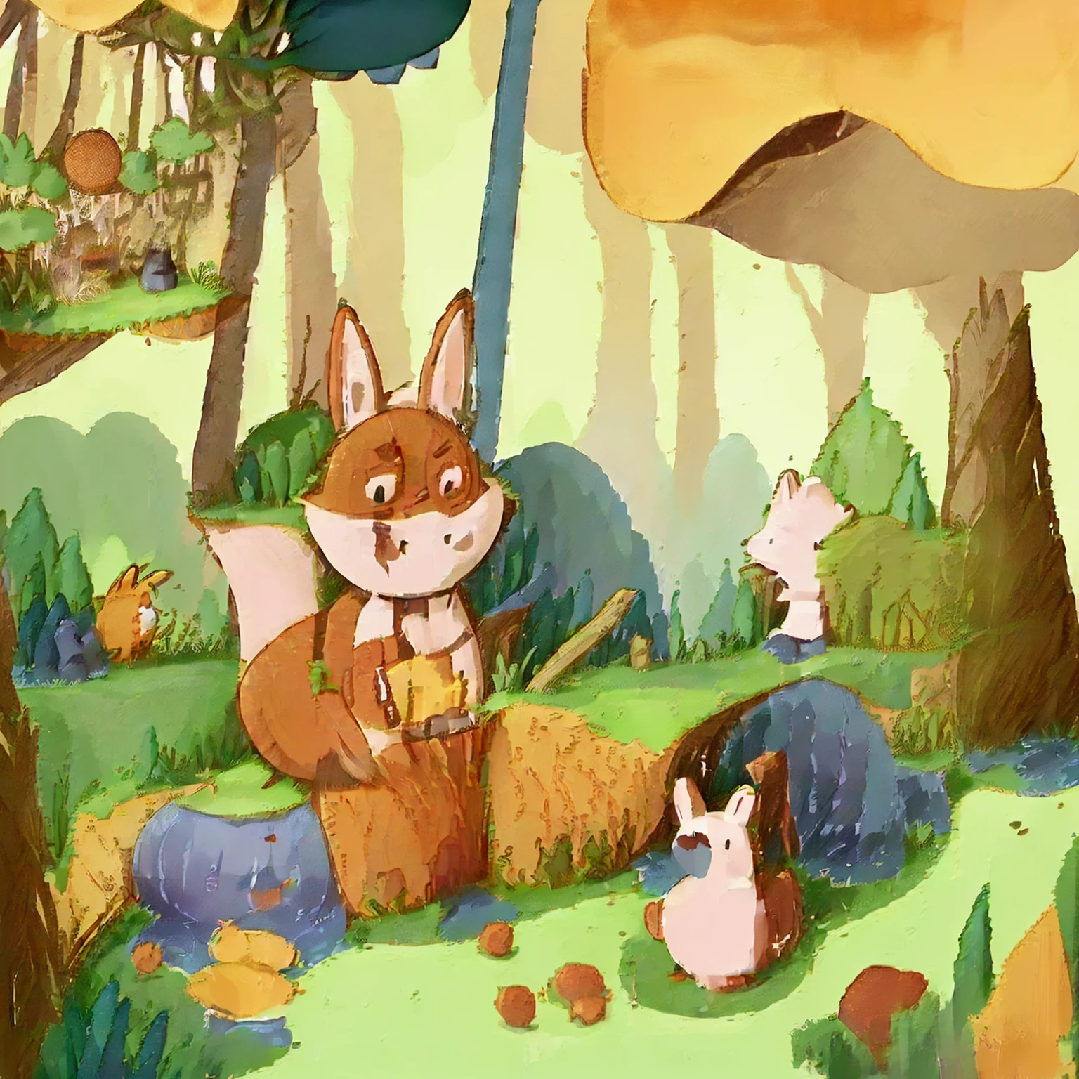 A cartoon illustration of a fox playing guitar in the forest，HD，超HD，Cute cartoon illustrationimal，Forest thickets，Blue sky，White Cloud，Empty meadows，forest，fruit，gourmet food