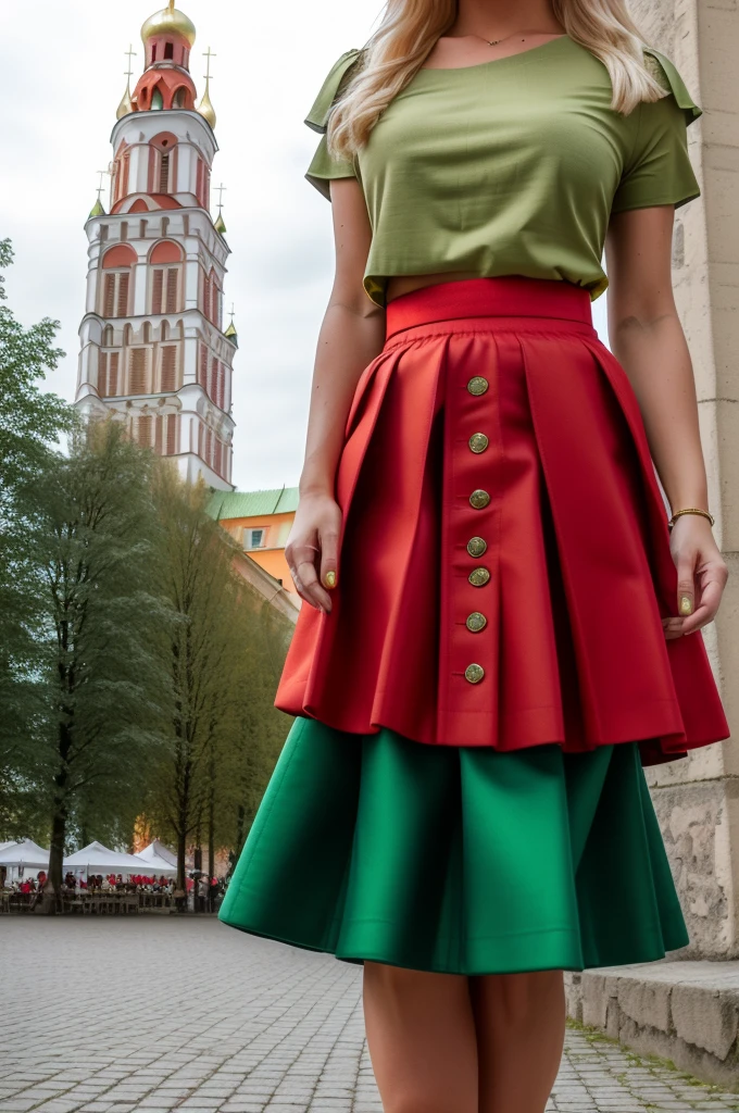 Lituania, pretty women blonde, ((In Vilnius City)), (((the Vilnius cathedrale tower))), (((wear a green top)), (((wear a red skirt)))