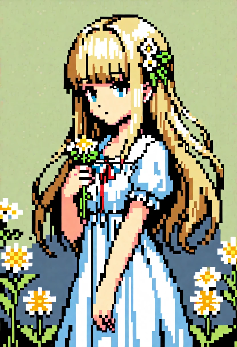 Pale light blue antique dress、Beige long-haired girl、Blunt bangs、profile、Pixel art、pixelアートイラスト、pixel、Plain background、Upper Body 、For icons、pixel_Art Book,Composition centered on face、A calm face、Holding flowers、Flower Hair Ornaments、pixel、Game-style illustrations、Pixel art、pixel、Light Shading、Fluttering Hair、Back hair fluttering in the wind、pixel、Pixel art