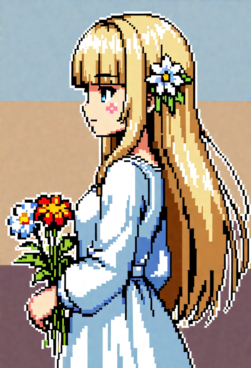 Pale light blue antique dress、Beige long-haired girl、Blunt bangs、profile、Pixel art、pixelアートイラスト、pixel、Plain background、Upper Body 、For icons、pixel_Art Book,Composition centered on face、A calm face、Holding flowers、Flower Hair Ornaments、pixel、Game-style illustrations、Pixel art、pixel、Light Shading、Fluttering Hair、Back hair fluttering in the wind、pixel、Pixel art