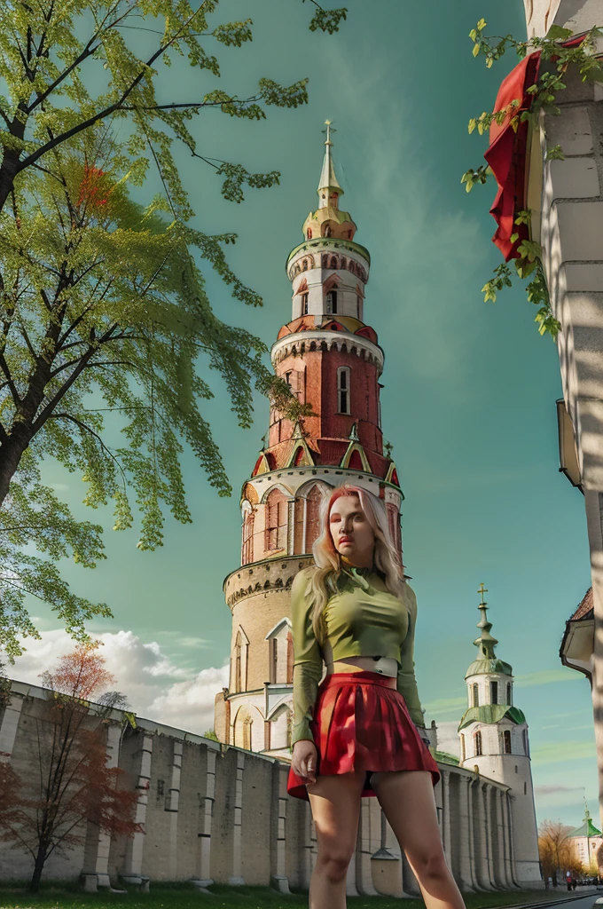 Lituania, pretty women blonde, ((In Vilnius City)), (((the Vilnius cathedrale tower))), (((wear a green top)), (((wear a red skirt)))