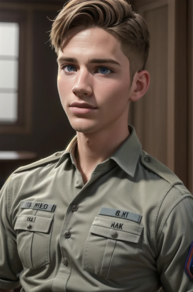 ((masterpiece)), ((best quality:1.2)), High Resolution, 8k, (ultra_realistic:1.3), (photorealistic:1.4), sharp focus, yaoi, 1boy, (perfect face), american soldier, caucasian, white man, handsome sexysoldier