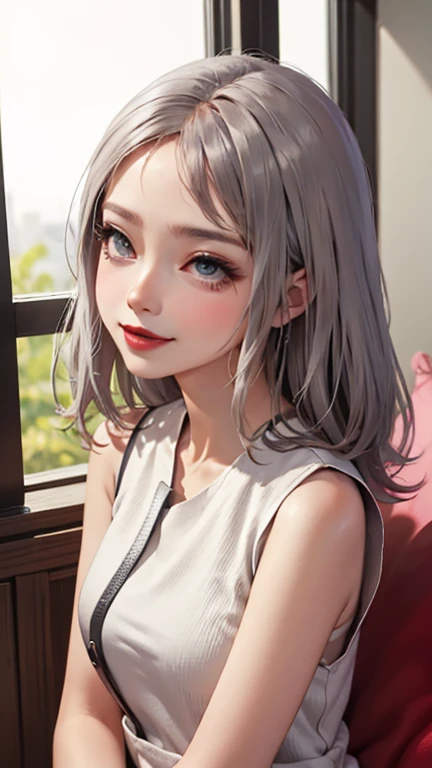 blush a little and smile, (Top quality masterpiece:1.2) Delicate illustrations, Very detailed, /Beautiful Japanese Women、1 person,Very cute and slim、Great style 、((8K images、super high quality))、Very delicate face, Skin and Hair、beautifule forehead、Red lipstick、(((((Mid-length hair、Silver Hair、lure))))),Very cute Japanese cut face、Eyes and nose are clearly visible、Kind eyes,((((Sleeveless fashion))))