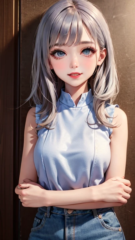 blush a little and smile, (Top quality masterpiece:1.2) Delicate illustrations, Very detailed, /Beautiful Japanese Women、1 person,Very cute and slim、Great style 、((8K images、super high quality))、Very delicate face, Skin and Hair、beautifule forehead、Red lipstick、(((((Mid-length hair、Silver Hair、lure))))),Very cute Japanese cut face、Eyes and nose are clearly visible、Kind eyes,((((Sleeveless fashion))))