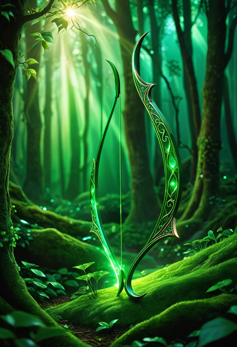 Magic elven bow, green glow, blessed by nature, mysterious, fantasy background, professional lighting