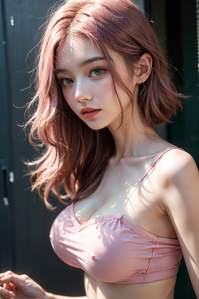 Light pink hair, green eyes, pink, rainy, , pink croptop, paint splash, simple background, ray tracing, shorthair, big breast, naked