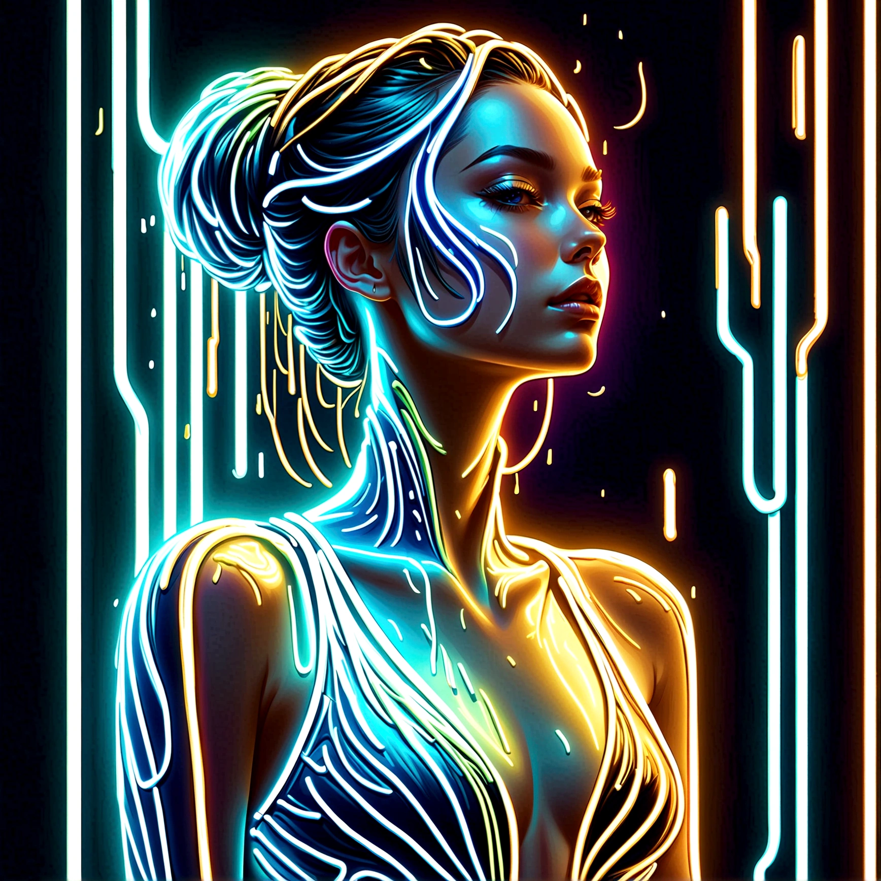 Neon, Glowing Neon, Cyberpunk girl profile,whole body像,Golden Light,Golden Raindrops,Blood stains the earth,Blue and white porcelain texture, (Body rainbow color Neon trail formation:1.3),surreal,fantasy,Stunning,Vision,whole body