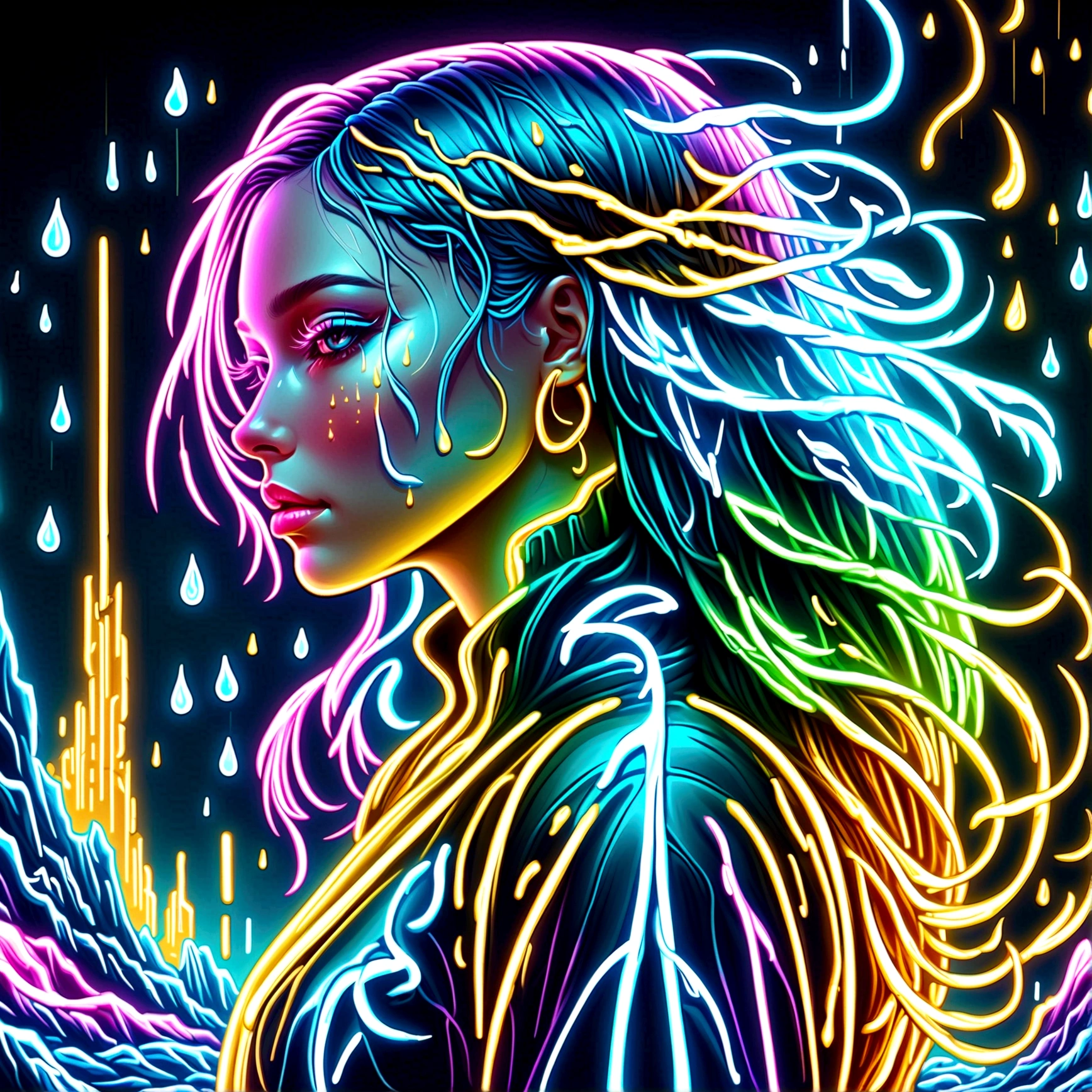 Neon, Glowing Neon, Cyberpunk girl profile，whole body像，Golden Light，Golden Raindrops，Blood stains the earth，Blue and white porcelain texture, (Body rainbow color Neon trail formation:1.3)，surreal，fantasy，Stunning，Vision，whole body