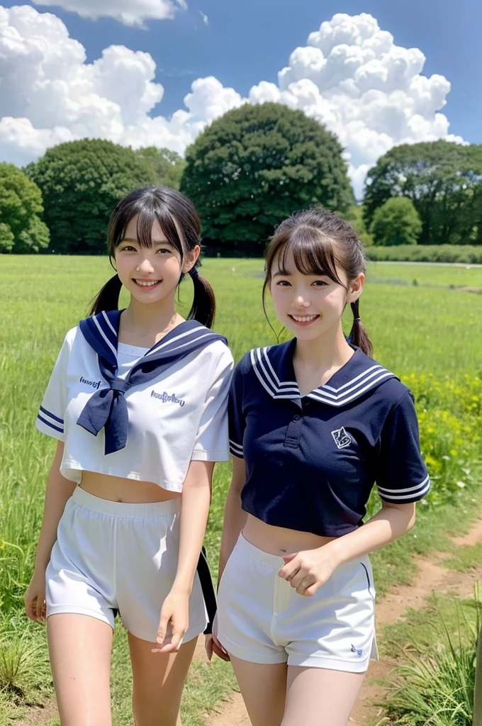 2 girls walking in rural field,cumulonimbus cloud in summer blue sky,white sailor shirt,navy blue speedo swimming briefs,student bag,18-year-old,bangs,a little smile,thighs,knees,wet short hair with low pigtails bunches,from beside,front light