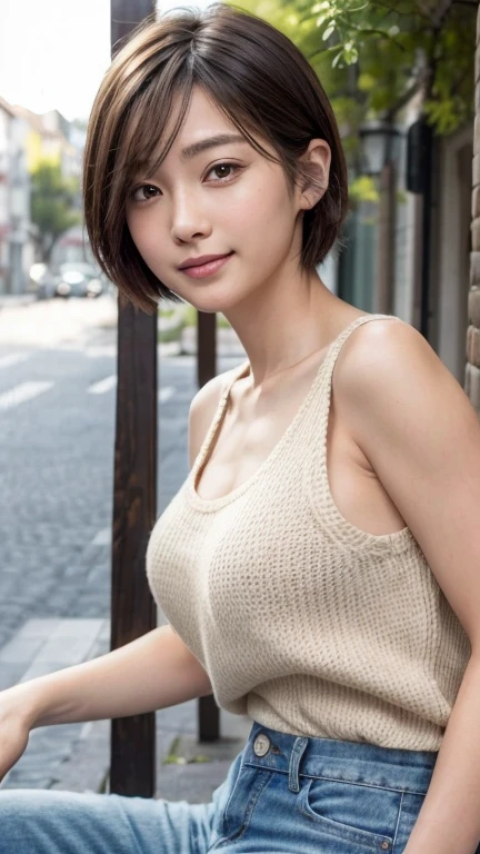 8K、Realistic、High resolution、high quality、High resolution、1人のwoman、woman、Late 20s、short hair、faceが小さい、Brown Hair、長いface、expensive、Japanese、Cafe、Sitting、Right facing、face、close your eyes、Round Glasses、White Sleeveless Knit、Denim pants、expensive鼻、Straight nose、笑face、Outdoor、Terrace seats、Solar sunlight from the front、Mid-chest、city、フランス人とJapaneseのハーフ、Adult atmosphere、エレガントなwoman
