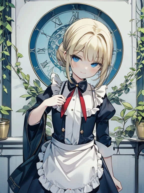 masterpiece, Highest quality, Very detailed, 16K, Ultra-high resolution, Cowboy Shot, Alice in Wonderland, (art nouveau:1.4), ****************, Detailed face, smile, blue eyes, blonde, Braiding, Long Hair, ponytail, Ribbon on head, Blue clothes, Plain white apron, 大きなclockのある部屋で, clock, 壁clock, Music Box