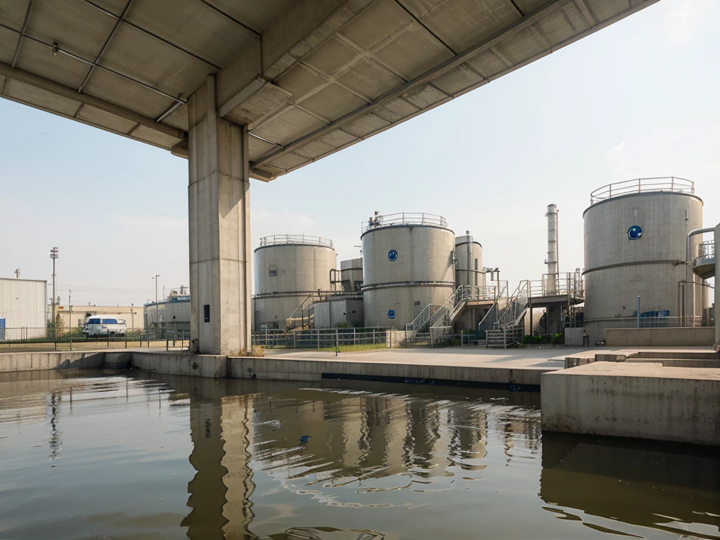 Modern wastewater treatment plant of chemical factory. Water purification tanks