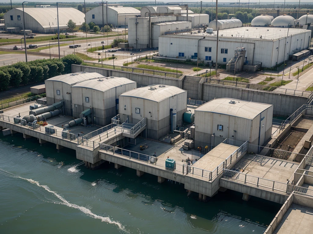 Modern wastewater treatment plant of chemical factory. Water purification tanks