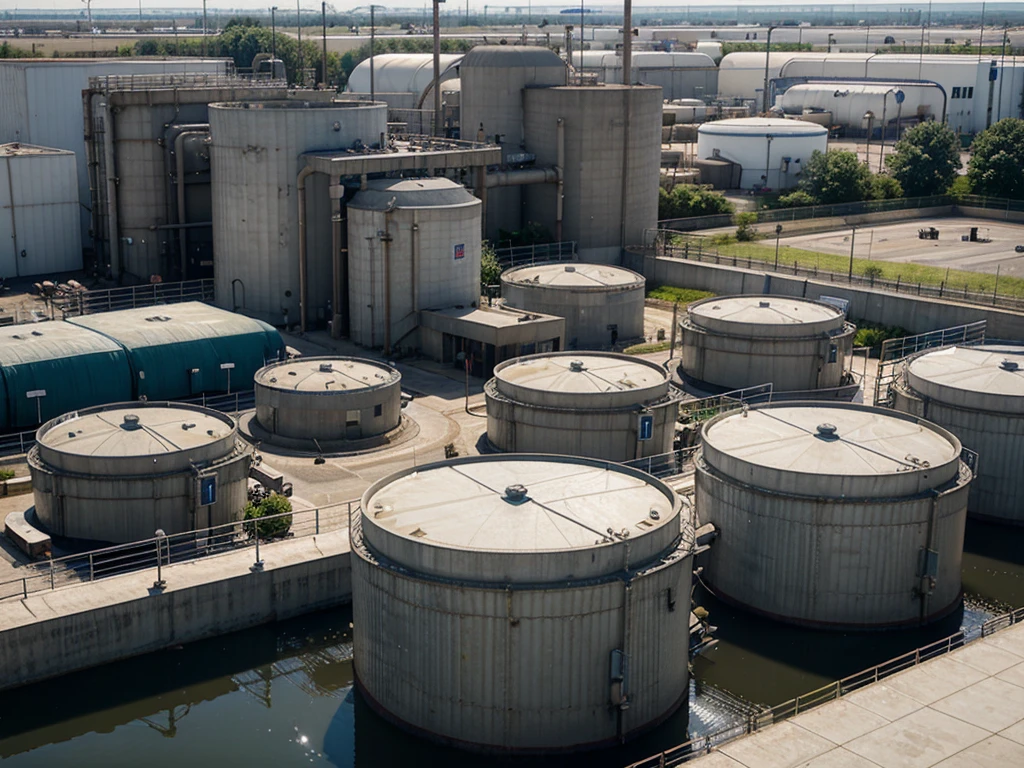 Modern wastewater treatment plant of chemical factory. Water purification tanks