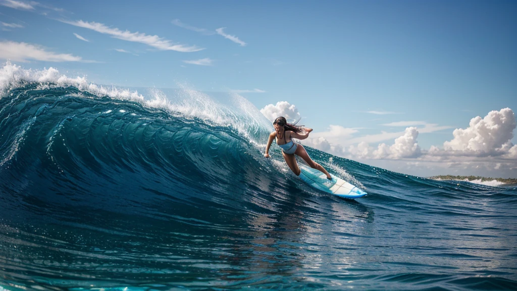 Blue ocean waves、White beach、A woman in a swimsuit is surfing