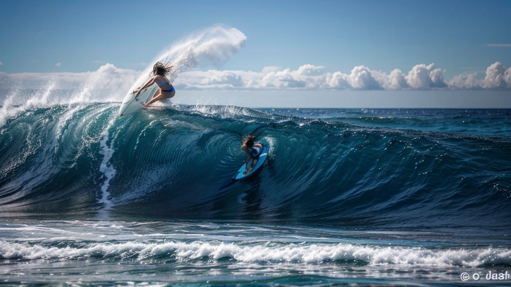 Blue ocean waves、White beach、A woman in a swimsuit is surfing