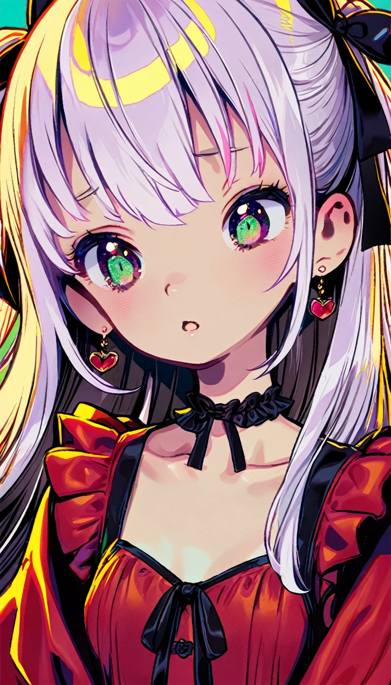 1 girl, kawaii, long hair, bangs, small breasts, white hair, ribbon, hair between eyes, jewelry, collarbone, Red dress, upper body, earrings, artist name, blurry, eyelashes, black ribbon, half open eyes, 