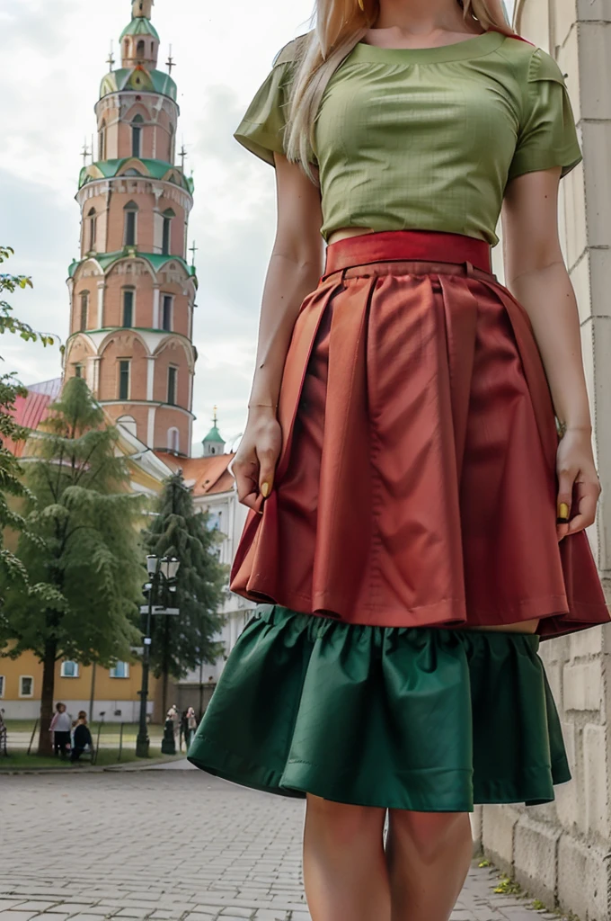 Lituania, pretty women blonde, ((In Vilnius City)), (((the Vilnius cathedrale tower))), (((wear a green top)), (((wear a red skirt)))