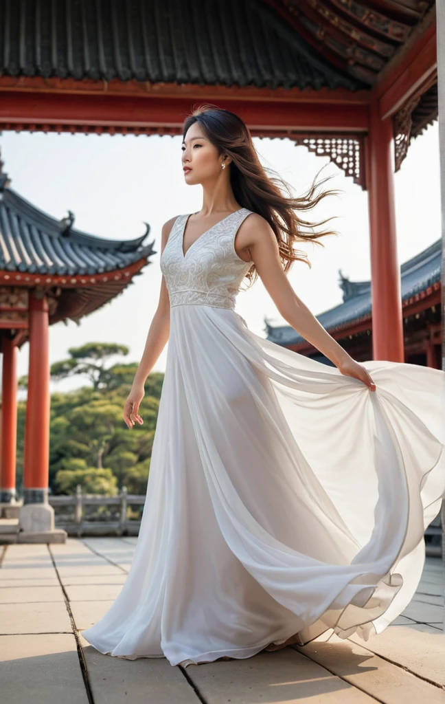 A stunning portrait photograph of a beautiful woman with long, flowing hair, wearing a white, sleeveless, floor-length dress. Captured from a low angle behind and to the side, she exudes grace with her dynamic pose and dress seemingly caught in a gentle breeze. The background features an intricate traditional Asian-style pavilion with detailed roof eaves in the foreground, framed by a clear sky with minimal clouds. The soft, natural lighting suggests either early morning or late afternoon, while a lone bird soars high above the pavilion. The composition masterfully blends serene beauty and traditional architecture, contrasting the stillness of the pavilion with the motion of the woman's pose., portrait photography