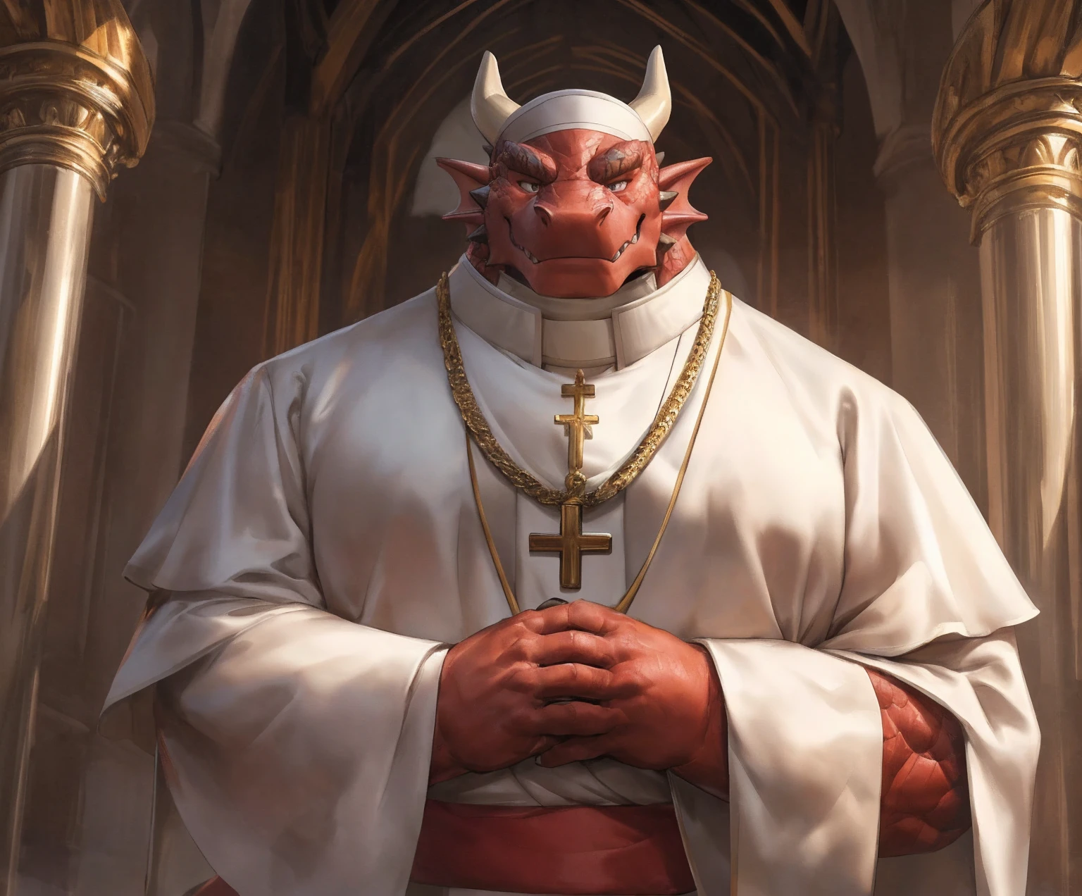 human nature, cannon, male, solitary, ((the strong，Handsome)), (dragon),((Traditional Catholic Pope outfit，西方dragondragon角))， standing，((Traditional Catholic style))，Hand in hand cross，high quality, (4K,high quality, high resolution, masterpiece), Front view (close up), cartoon,by lindong