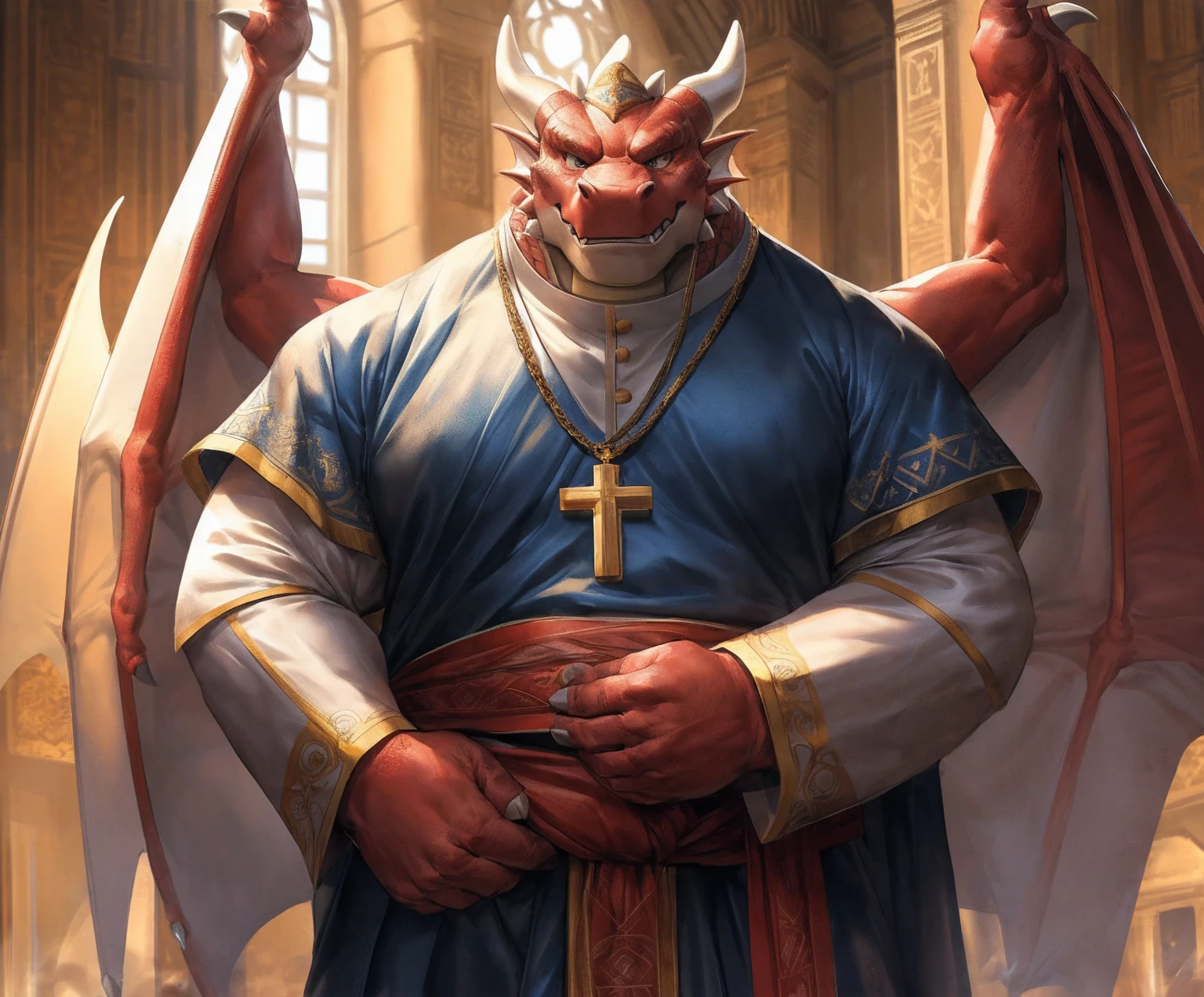 human nature, cannon, male, solitary, ((the strong，Handsome)), (dragon),((Traditional Catholic Pope outfit，西方dragondragon角))， standing，((Traditional Catholic style))，Hand in hand cross，high quality, (4K,high quality, high resolution, masterpiece), Front view (close up), cartoon,by lindong