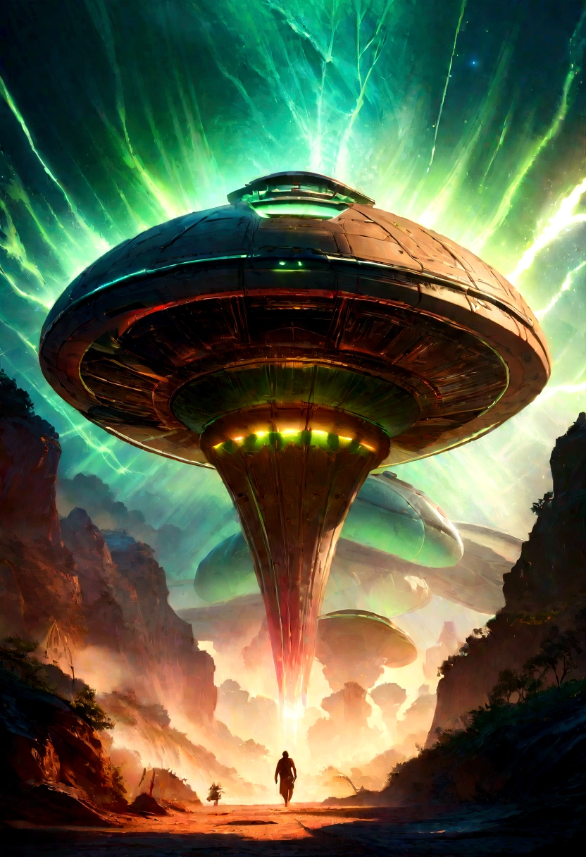 a large alien spacecraft, approaching a lush, verdant planet, detailed view of the back of the ship, advanced technology, glowing engines, sleek design, dramatic lighting, vibrant colors, cinematic composition, epic scale, photorealistic, highly detailed, 8k, award-winning, concept art style