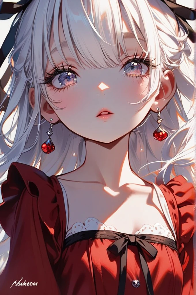 1 girl, kawaii, long hair, bangs, small breasts, white hair, ribbon, hair between eyes, jewelry, collarbone, Red dress, upper body, earrings, artist name, blurry, eyelashes, black ribbon, half open eyes,