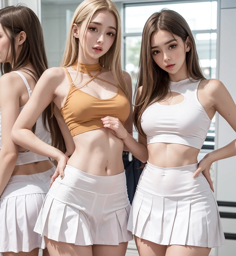 Arafed woman in skirt posing dressing room of women's clothing store, wearing white skirt, white skirt and bare chest, white skirt, MiniWhite skirt, tight suit, wears sexy crop top, wears crop top and miniskirt, half transparent white skirt, fitted garment , wears simple, tight clothes, Ava Max, her navel exposed, blonde goddess