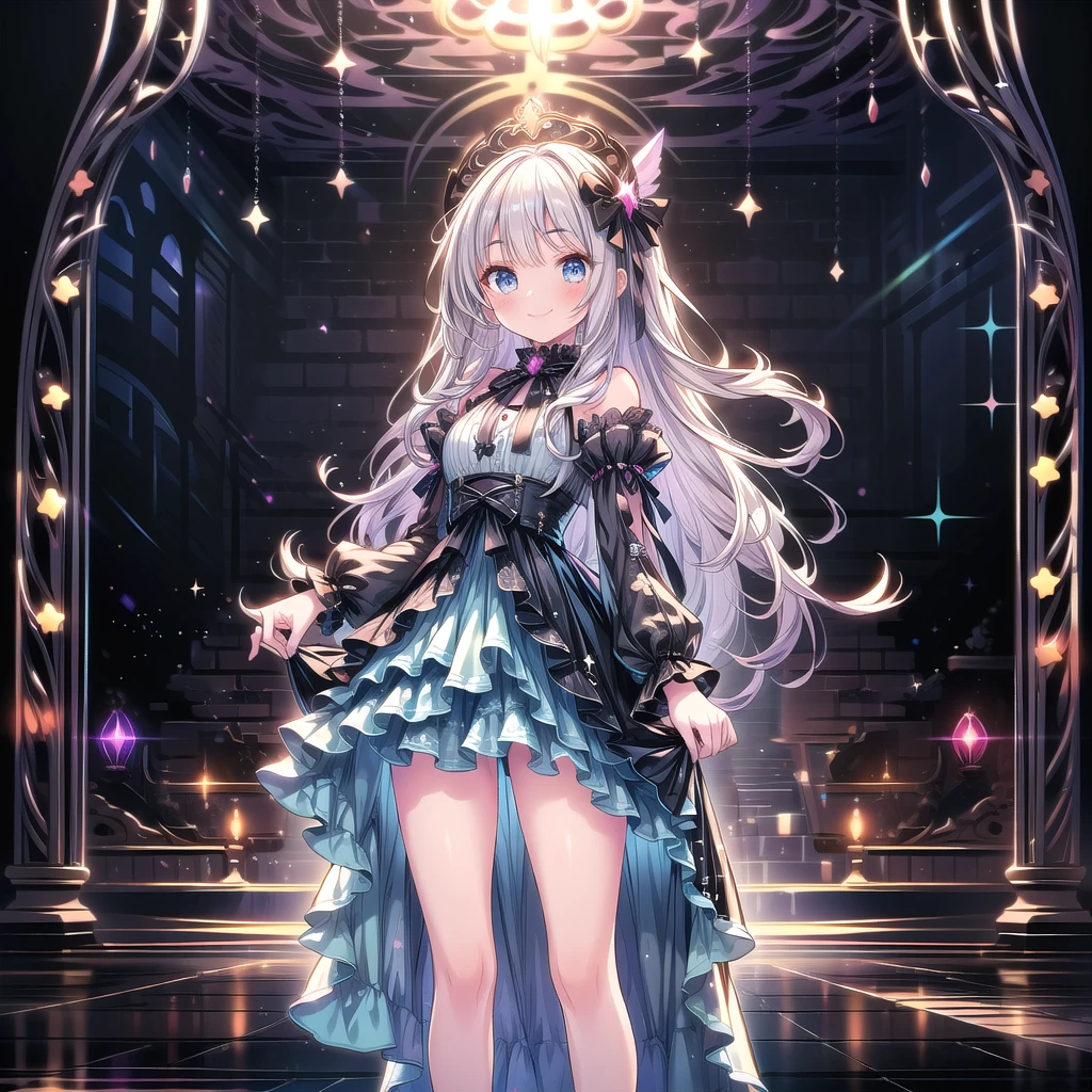 Star Fairy、score_9, score_8_superior, score_7_superior, sauce_anime,masterpiece, Highest quality, High resolution, Highly detailed CG, Absurd, One girl, alone, Cool girl in gothic lolita outfit posing in palace, mini skirt, Frills, 黒 and blue outfit,((smile), Spread your legs, Standing on the floor, ruby👁️🗨️,white_hair, ((two_side_superior)), background, dark_background, Black Palace, Midnight, indoor, (extremely detailed background:1.6), Details 1, Bright colors
