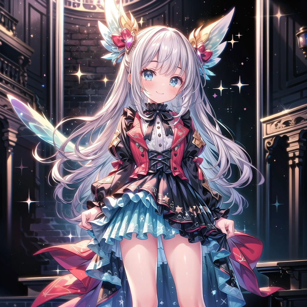 Star Fairy、score_9, score_8_superior, score_7_superior, sauce_anime,masterpiece, Highest quality, High resolution, Highly detailed CG, Absurd, One girl, alone, Cool girl in gothic ta outfit posing in palace, mini skirt, Frills, 黒 and blue outfit,((smile), Spread your legs, Standing on the floor, ruby👁️🗨️,white_hair, ((two_side_superior)), background, dark_background, Black Palace, Midnight, indoor, (extremely detailed background:1.6), Details 1, Bright colors