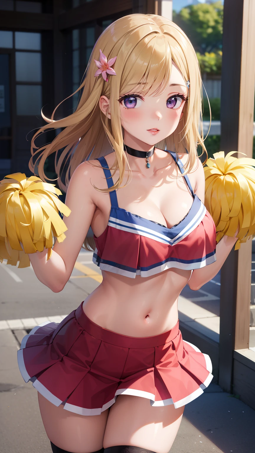 ((Cheerleader、Highest quality、Masterpiece、High resolution))、(((Zoom photo from above、semen、Bukkake、Wet body、Wet Hair)))、(smile、blush)、Big Breasts、Cleavage、Inside the gym、Blonde