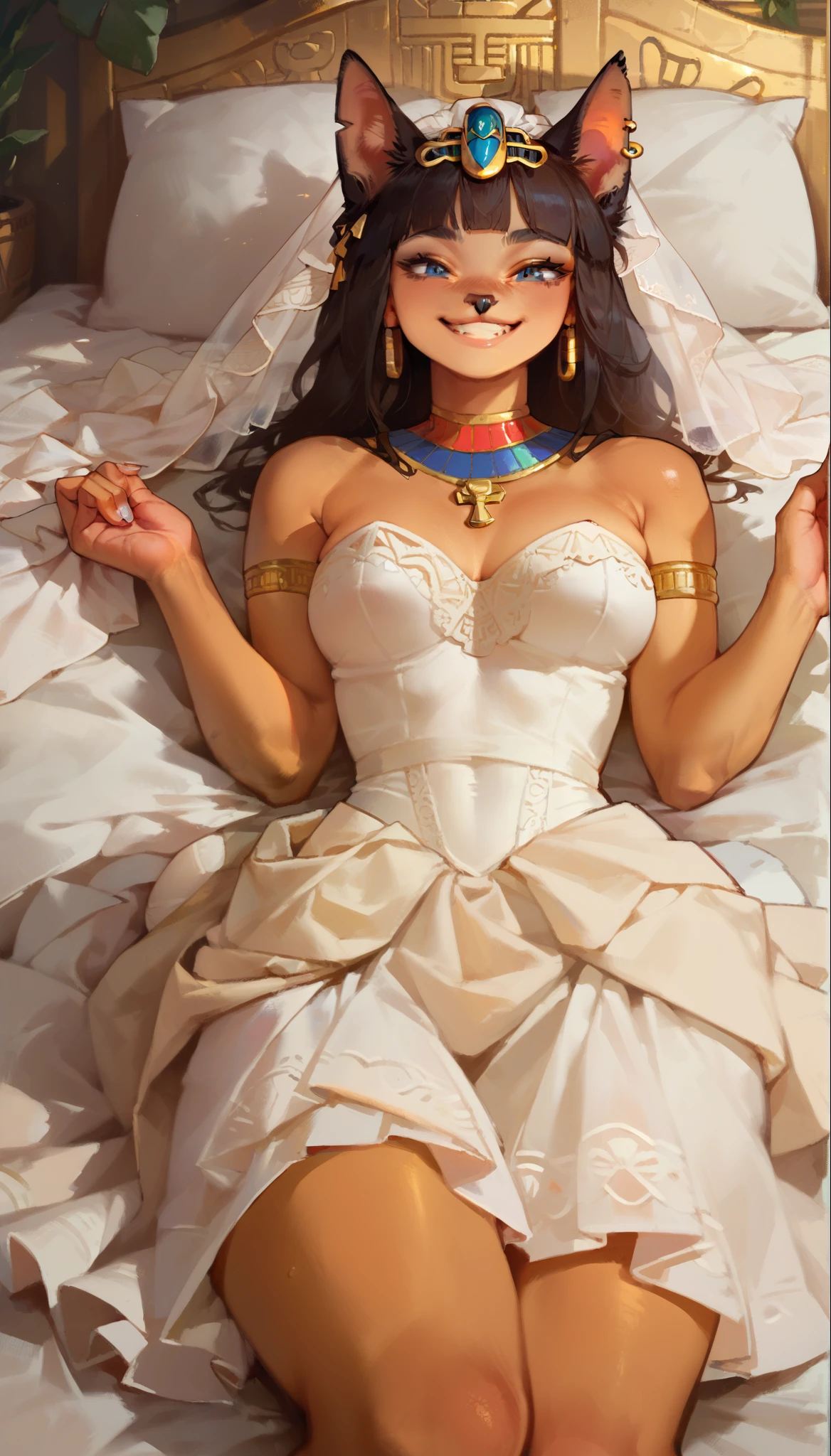 score_9, score_8_up, score_7_up, score_6_up, score_5_up, score_4_up, (thick lines:1.25), Egyptian-themed bedroom, Egypt,
(Bastet:1.2), anthro, female, (goddess, ((smiling:1.35)), Lying on top clothed, (wedding dress), POV)