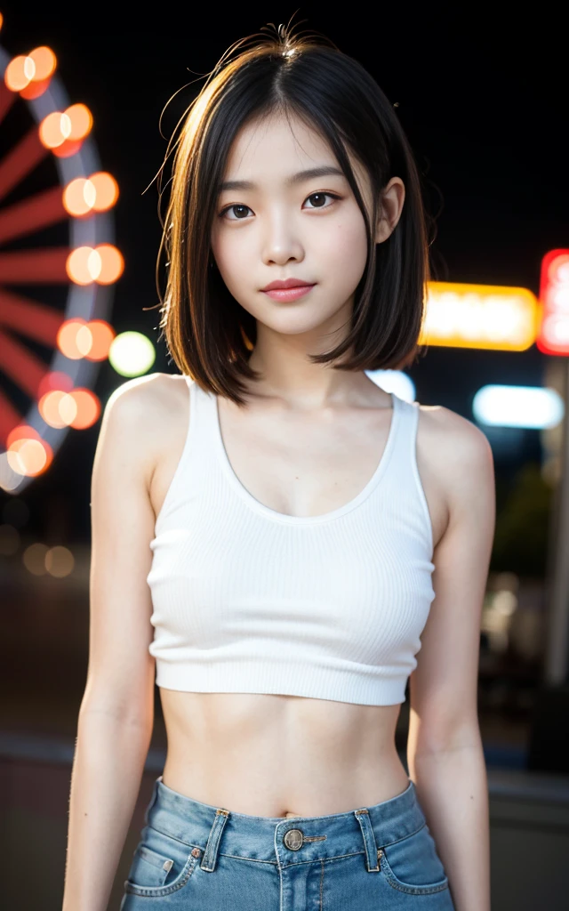 masterpiece, Best Quality, 8K, 1girl, good hand, 14 yo, lively, active, life force, luminescence, Looking away, Raw photo, F/1.8, 135 mm, NIKON, Anatomically correct, bokeh，Textured skin, Professional Photography, Portrait, Soft light, Professional Lighting, Solo, (Smile), Cute, Girly, Film grain, (Eyes and faces with detailed:1.0), 8k wallpaper, Tank top, pants, amusement park