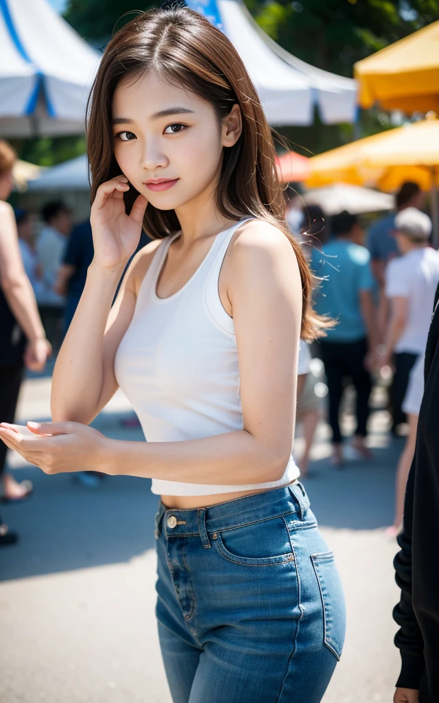 masterpiece, Best Quality, 8K, 1girl, good hand, 14 yo, lively, active, life force, luminescence, Looking away, Raw photo, F/1.8, 135 mm, NIKON, Anatomically correct, bokeh,Textured skin, Professional Photography, Portrait, Soft light, Professional Lighting, Solo, (Smile), Cute, Girly, Film grain, (Eyes and faces with detailed:1.0), 8k wallpaper, Tank top, pants, amusement park