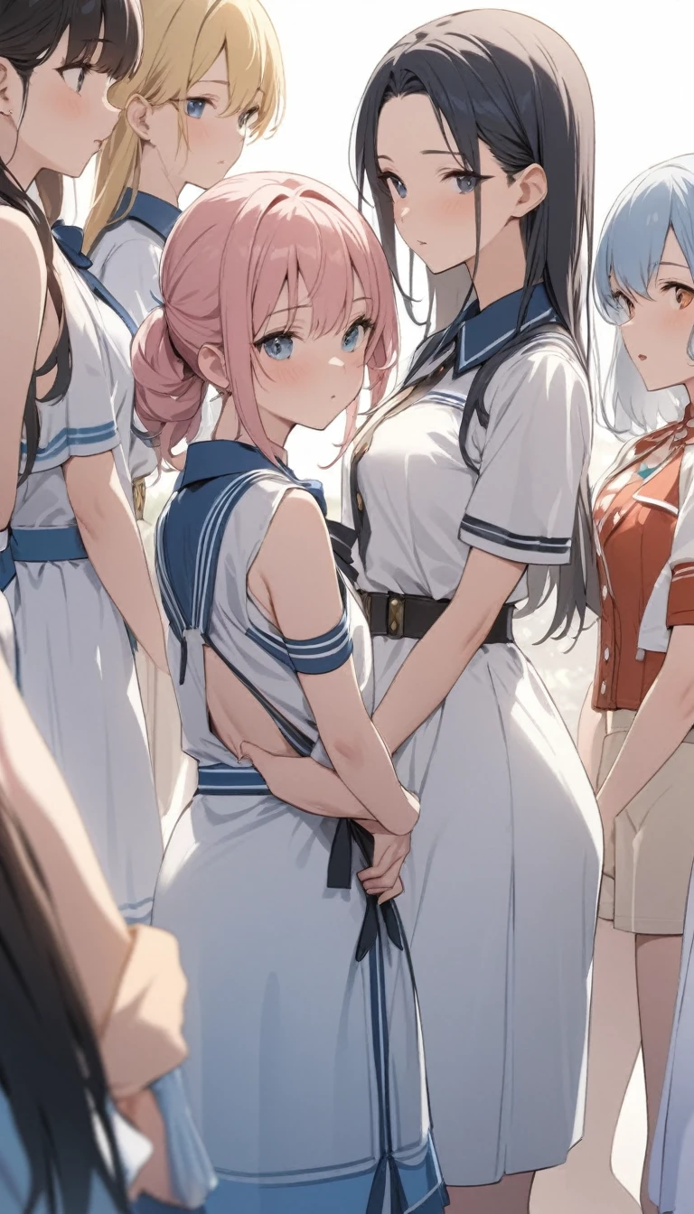 ((Highest quality)), ((masterpiece)), (detailed), Five girls, five girls、Summer outfit、fine、boyish、clear、Shyness、intellectual、Heroine-like、Academy、Standing side-by-side