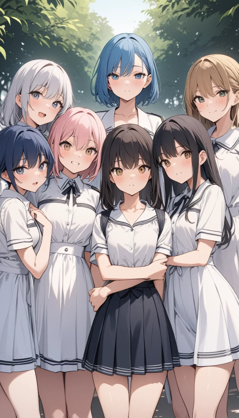((Highest quality)), ((masterpiece)), (detailed), Five girls, five girls、Summer outfit、fine、boyish、clear、Shyness、intellectual、Heroine-like、Academy、Standing side-by-side
