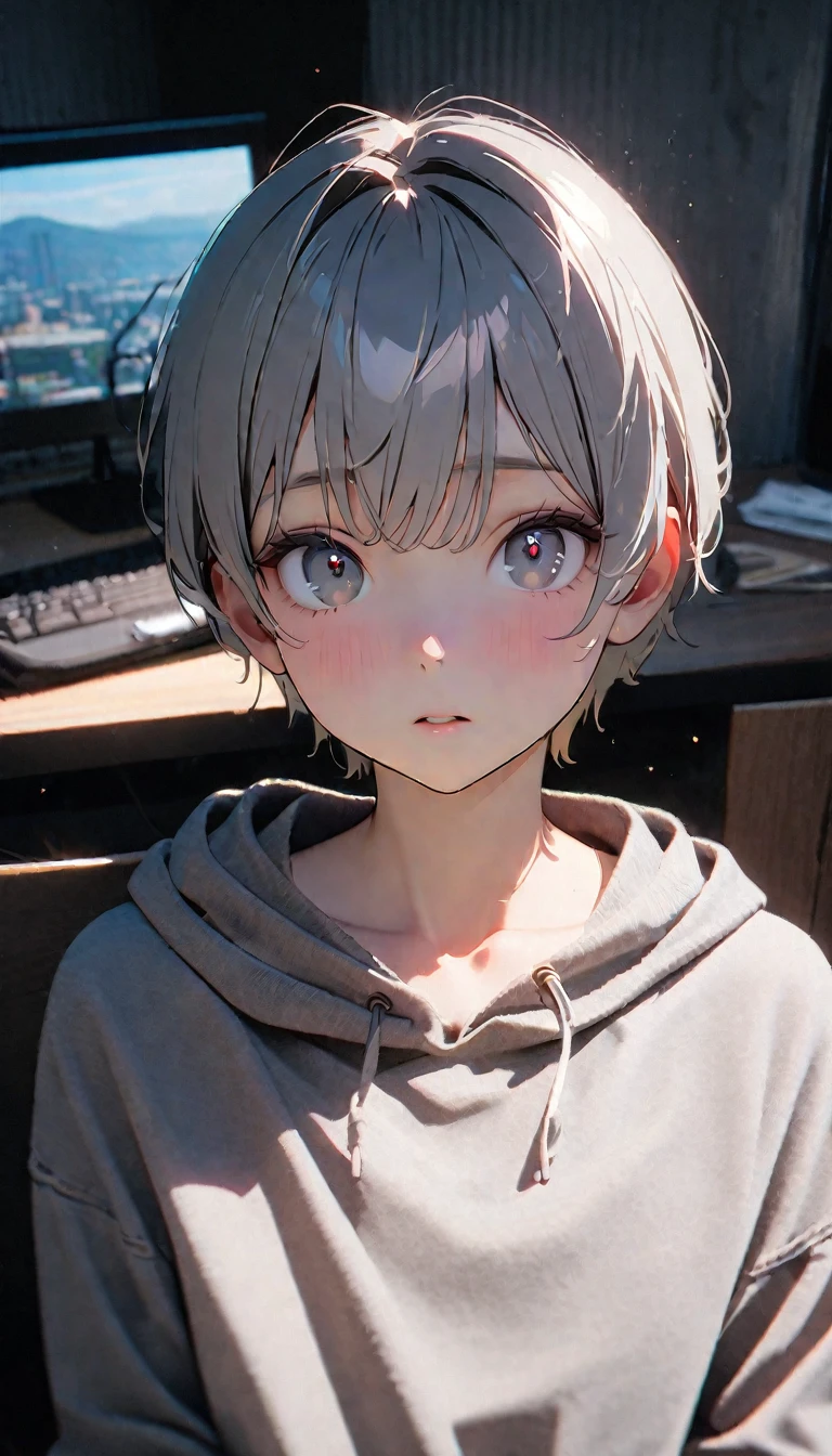 (8K, RAW photos, best quality, masterpiece: 1.4), (((The boy sits at the desk)))，Ultra-high resolution, Extremely detailed, light, Eye close-up, handsome boy, black eyes, (delicate eyes, Eyes are bright:1.2), Gray short hair, Fair skin,dark, Grey sweatshirt, sweatshirt with hood,(perfect anatomy:1.2), High-quality shadows, Natural Lighting, (White highlights:1.2), night, cloudy day, (at home:1.2), (Pupil constriction:1.2)