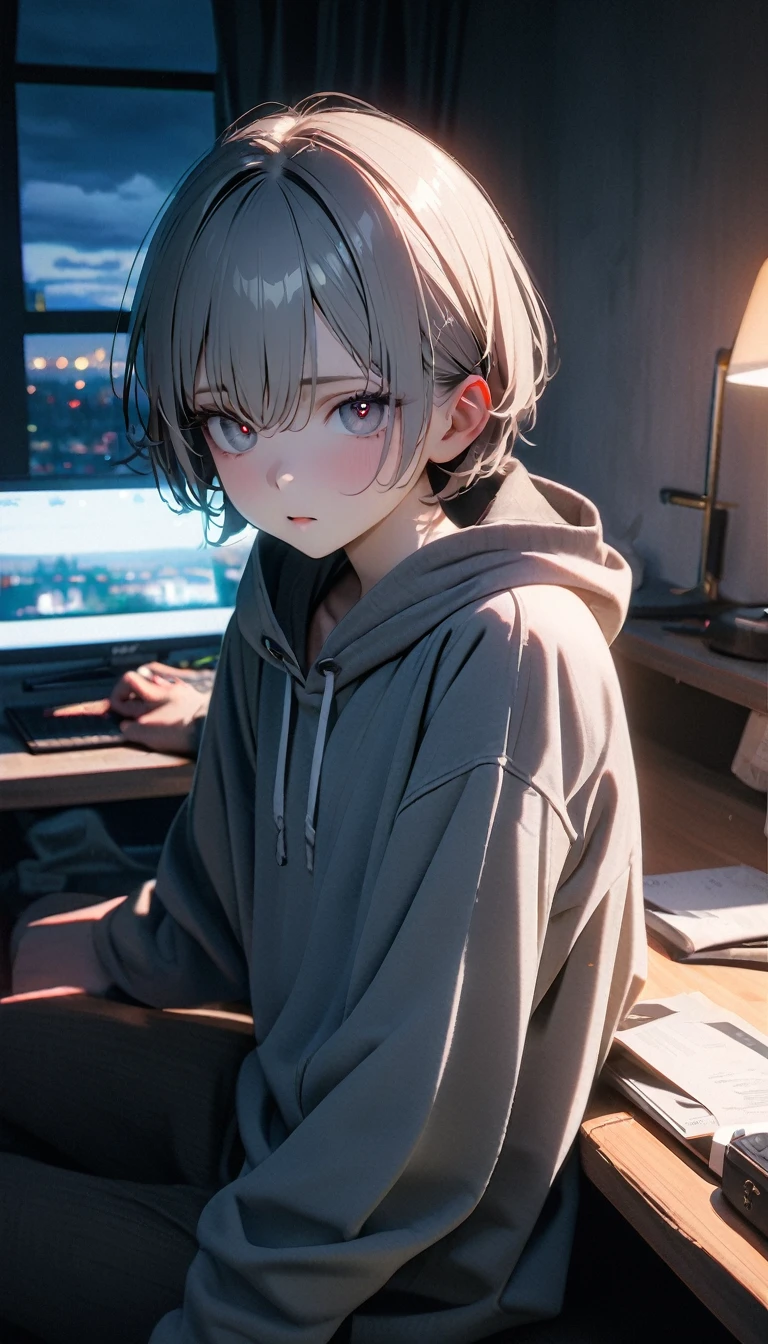 (8K, RAW photos, best quality, masterpiece: 1.4), (((The boy sits at the desk)))，Ultra-high resolution, Extremely detailed, light, Eye close-up, handsome boy, black eyes, (delicate eyes, Eyes are bright:1.2), Gray short hair, Fair skin,dark, Grey sweatshirt, sweatshirt with hood,(perfect anatomy:1.2), High-quality shadows, Natural Lighting, (White highlights:1.2), night, cloudy day, (at home:1.2), (Pupil constriction:1.2)