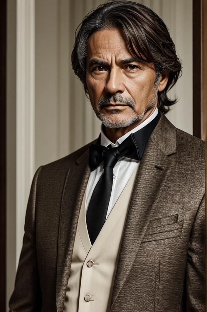  a fifty-year-old man with English features, with black eyes,  brown wavy hair,  clear skin, serious look wearing an elegant tailored suit