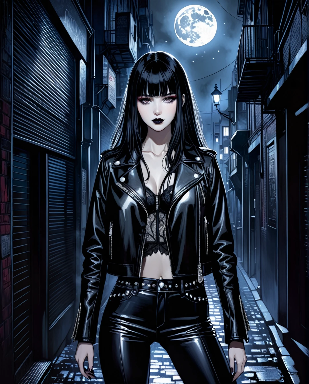 in style of Harry Clarke,
Masterpiece, photorealistic, highly detailed, a young woman with smooth  dark long black hair with bangs and black eyes and black lips, wearing leather jacket and leather pants, standing, looking at camera, in a gloomy smoke filled alley at night with a full moon