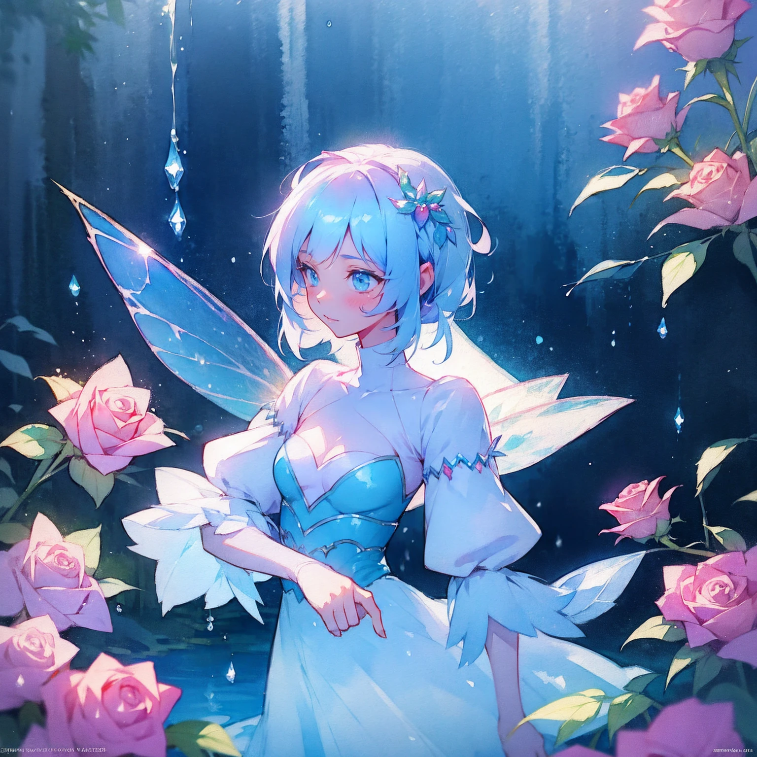 Watercolor, fairy princess girl, water, roses, water drops, highly detailed,
